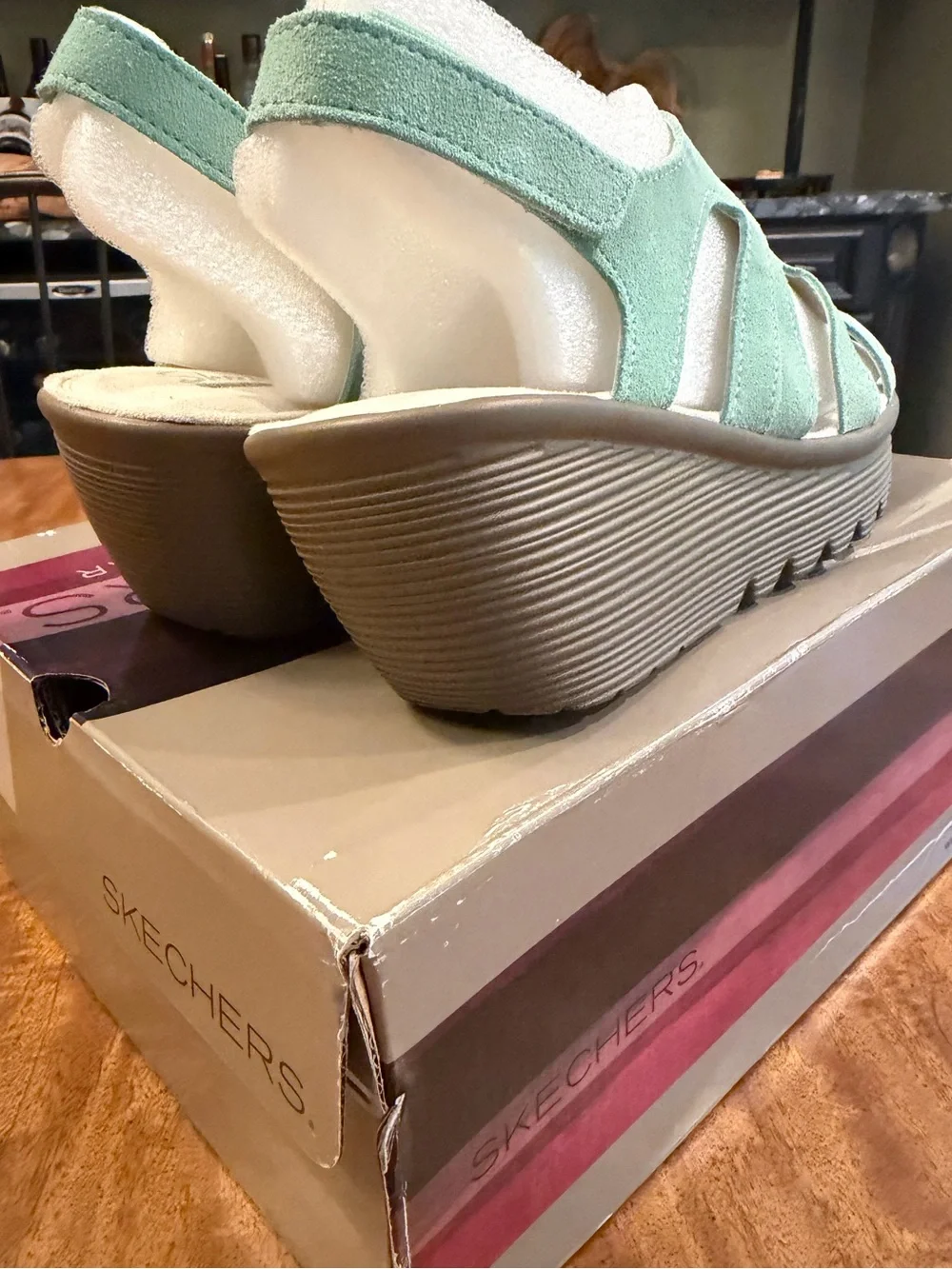 SKECHERS women’s Parallel Stylin Suede Wedge Mint Green Sandals